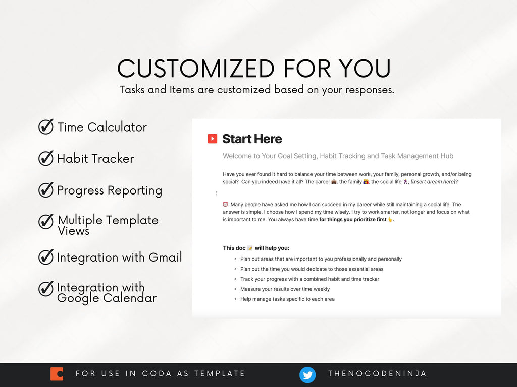 Personal Goal Setting, Task and Habit Tracker (Coda Template)