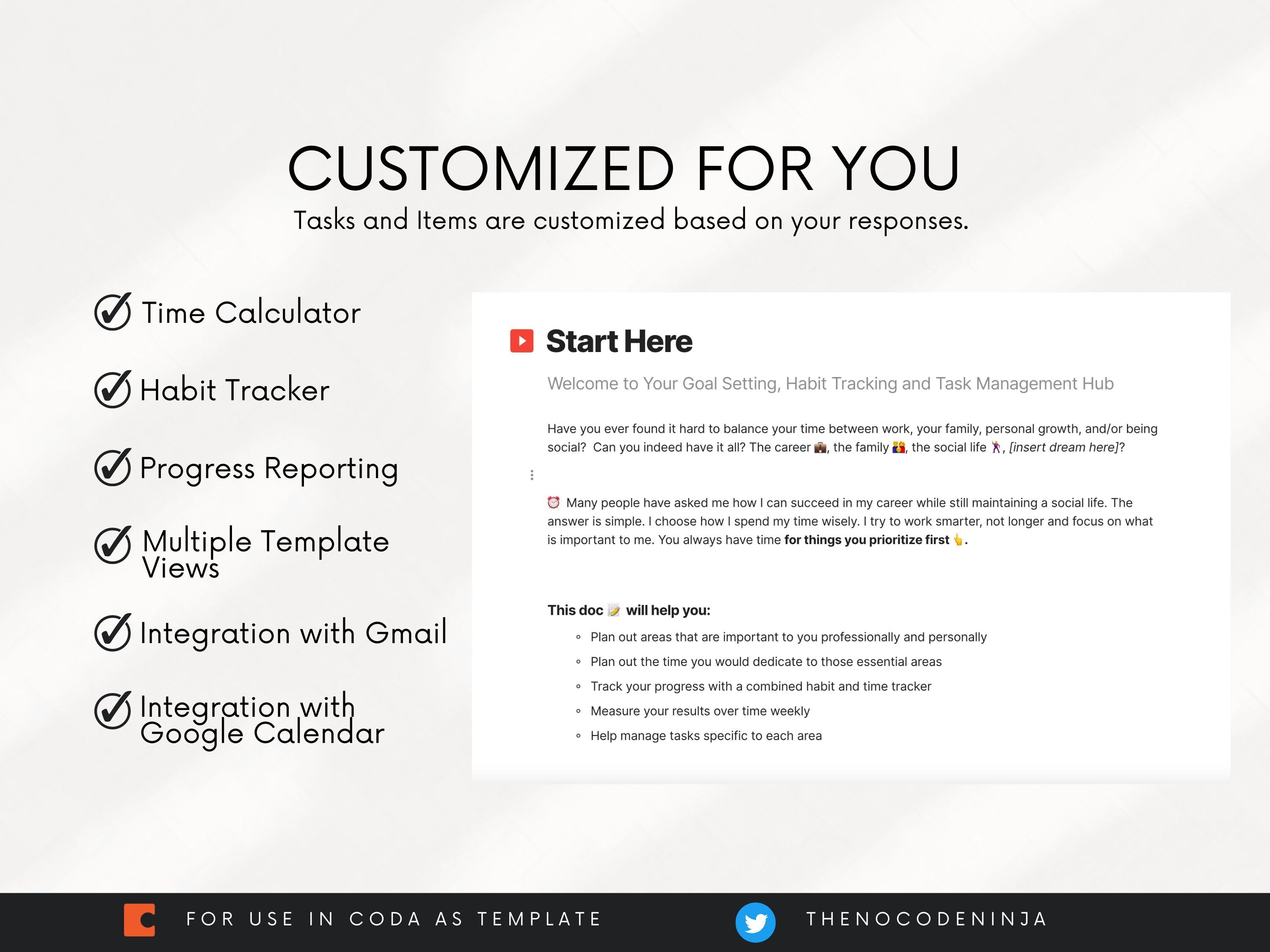 Personal Goal Setting, Task and Habit Tracker (Coda Template)