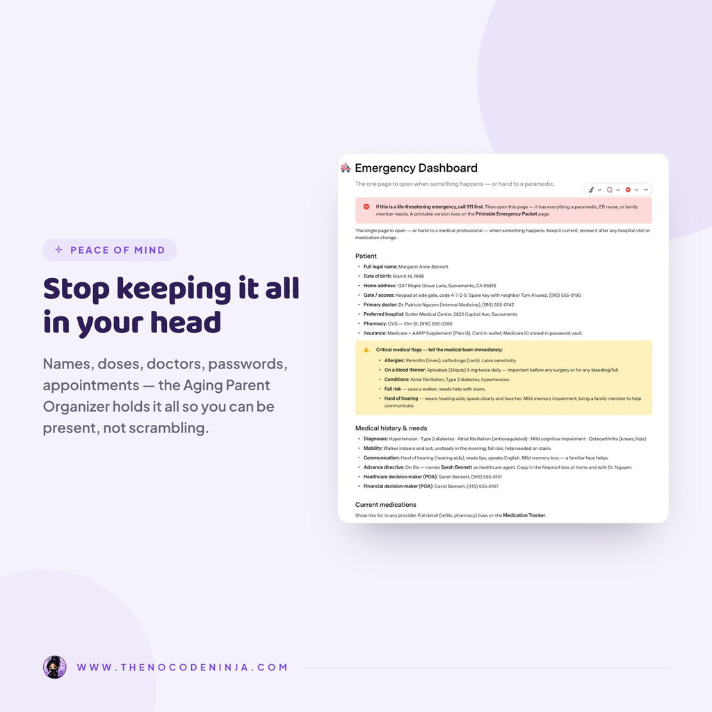 Aging Parent Organizer for Coda | Caregiver Planner, Medication and Appointment Tracker | Elderly Care and Emergency Binder