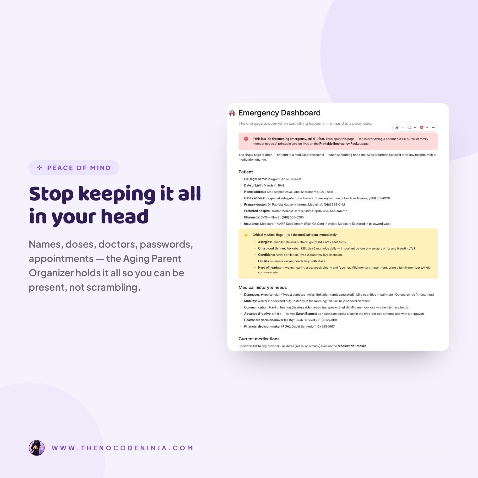 Aging Parent Organizer for Coda | Caregiver Planner, Medication and Appointment Tracker | Elderly Care and Emergency Binder