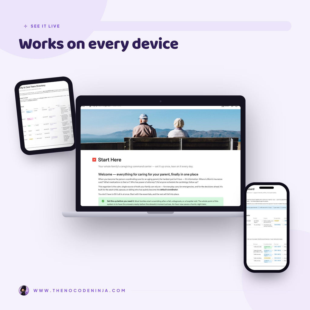 Aging Parent Organizer for Coda | Caregiver Planner, Medication and Appointment Tracker | Elderly Care and Emergency Binder