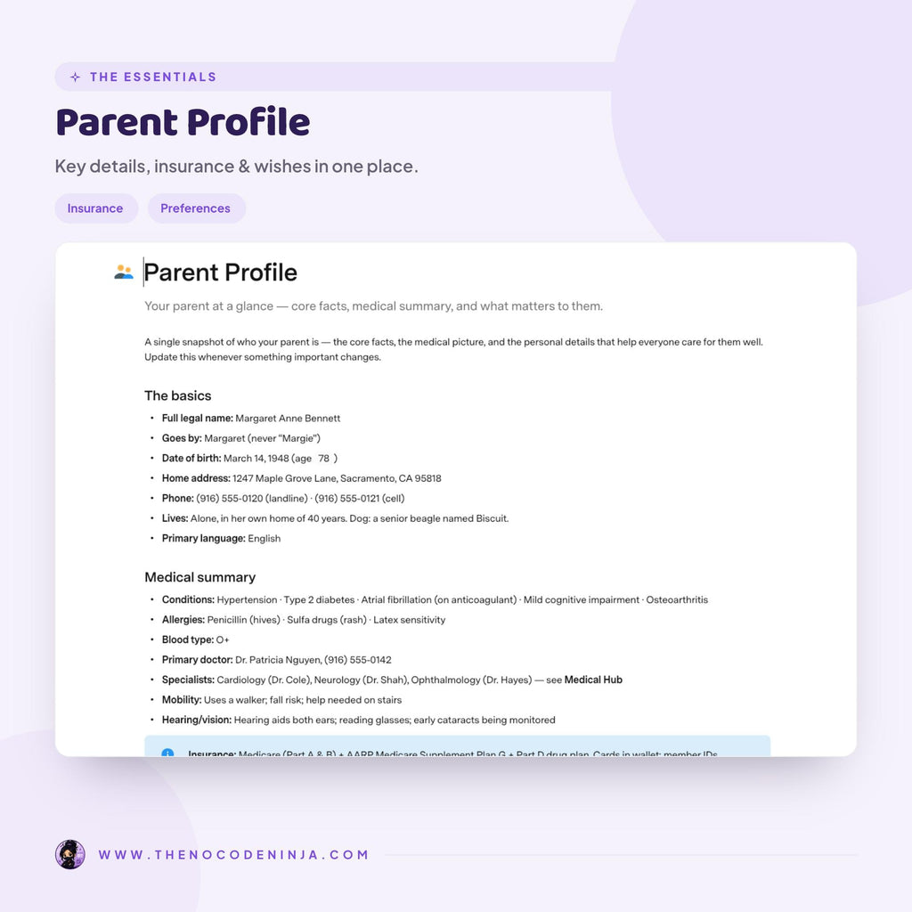 Aging Parent Organizer for Coda | Caregiver Planner, Medication and Appointment Tracker | Elderly Care and Emergency Binder