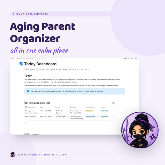 Aging Parent Organizer for Coda | Caregiver Planner, Medication and Appointment Tracker | Elderly Care and Emergency Binder