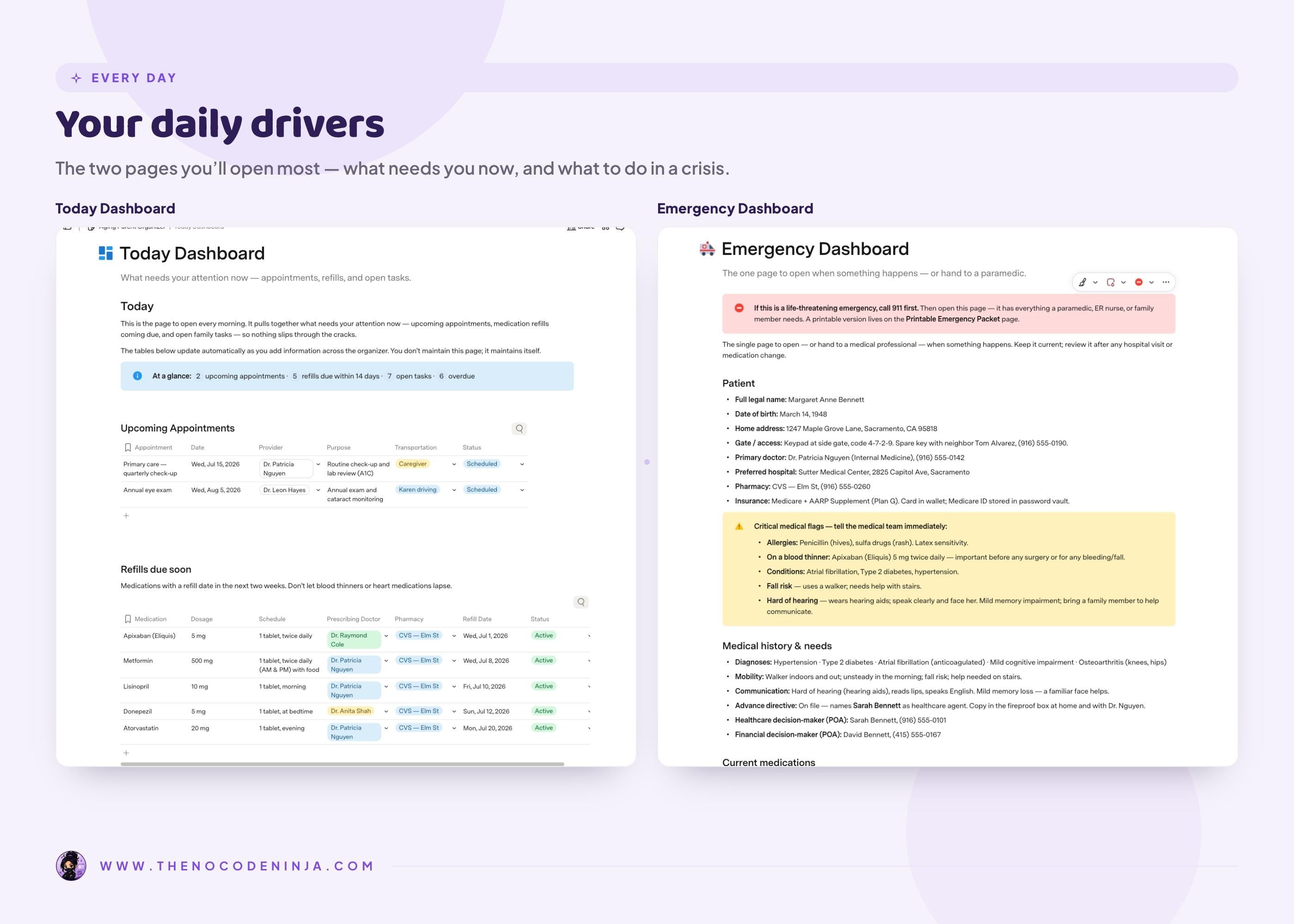 Aging Parent Organizer for Coda | Caregiver Planner, Medication and Appointment Tracker | Elderly Care and Emergency Binder