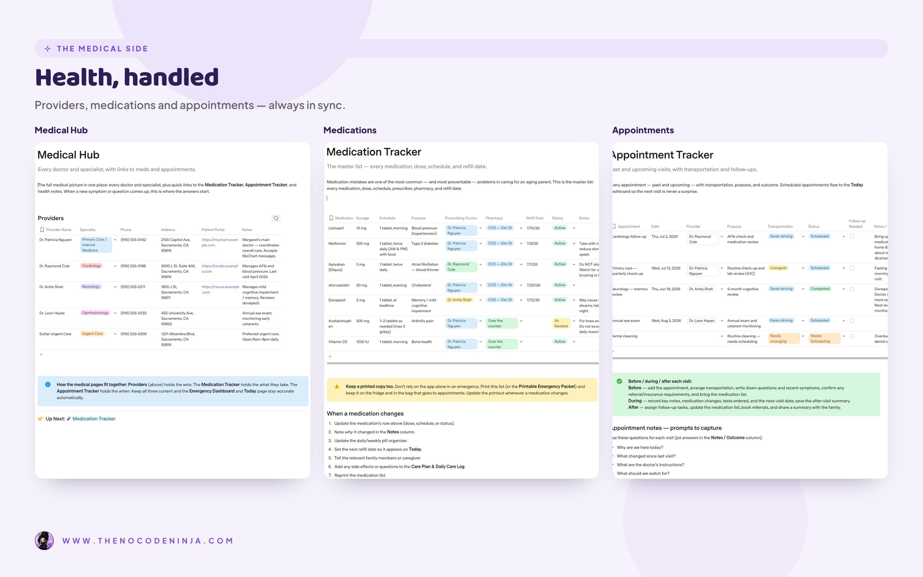 Aging Parent Organizer for Coda | Caregiver Planner, Medication and Appointment Tracker | Elderly Care and Emergency Binder