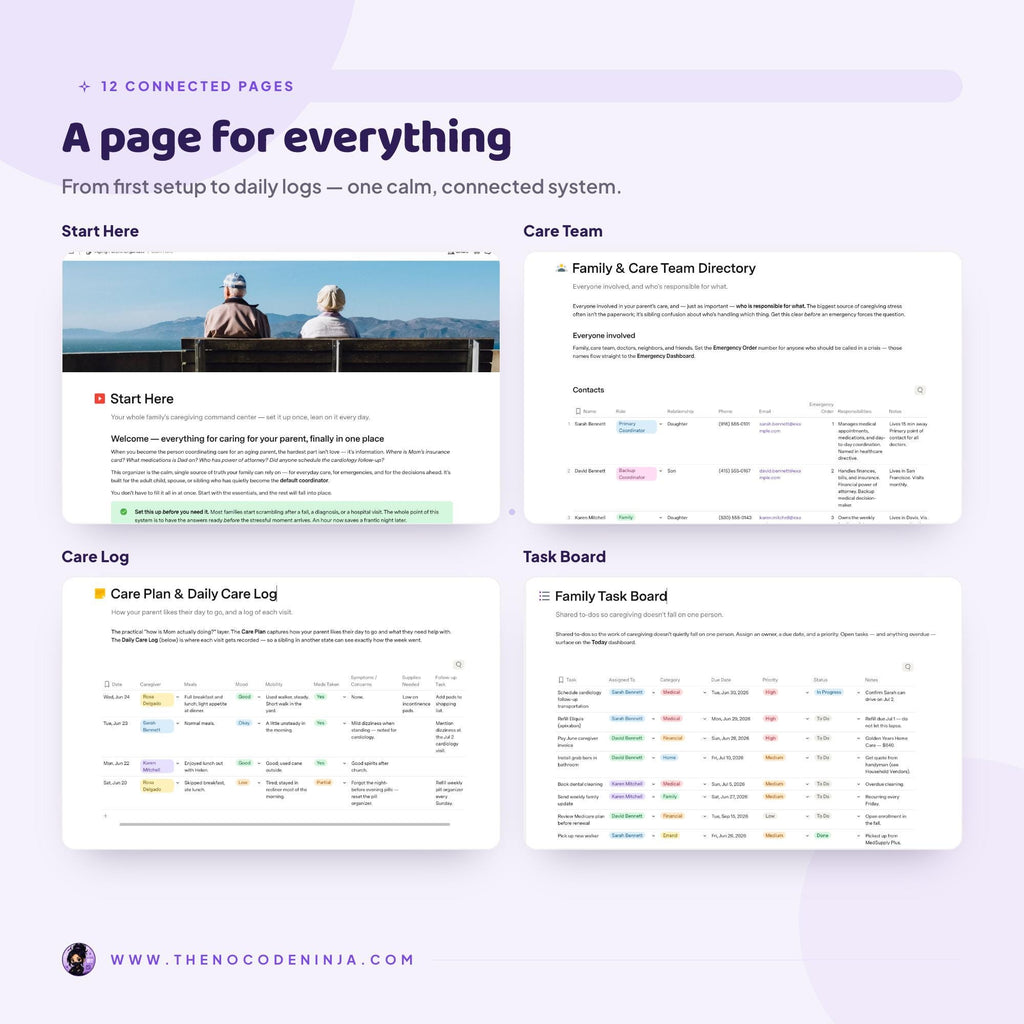 Aging Parent Organizer for Coda | Caregiver Planner, Medication and Appointment Tracker | Elderly Care and Emergency Binder