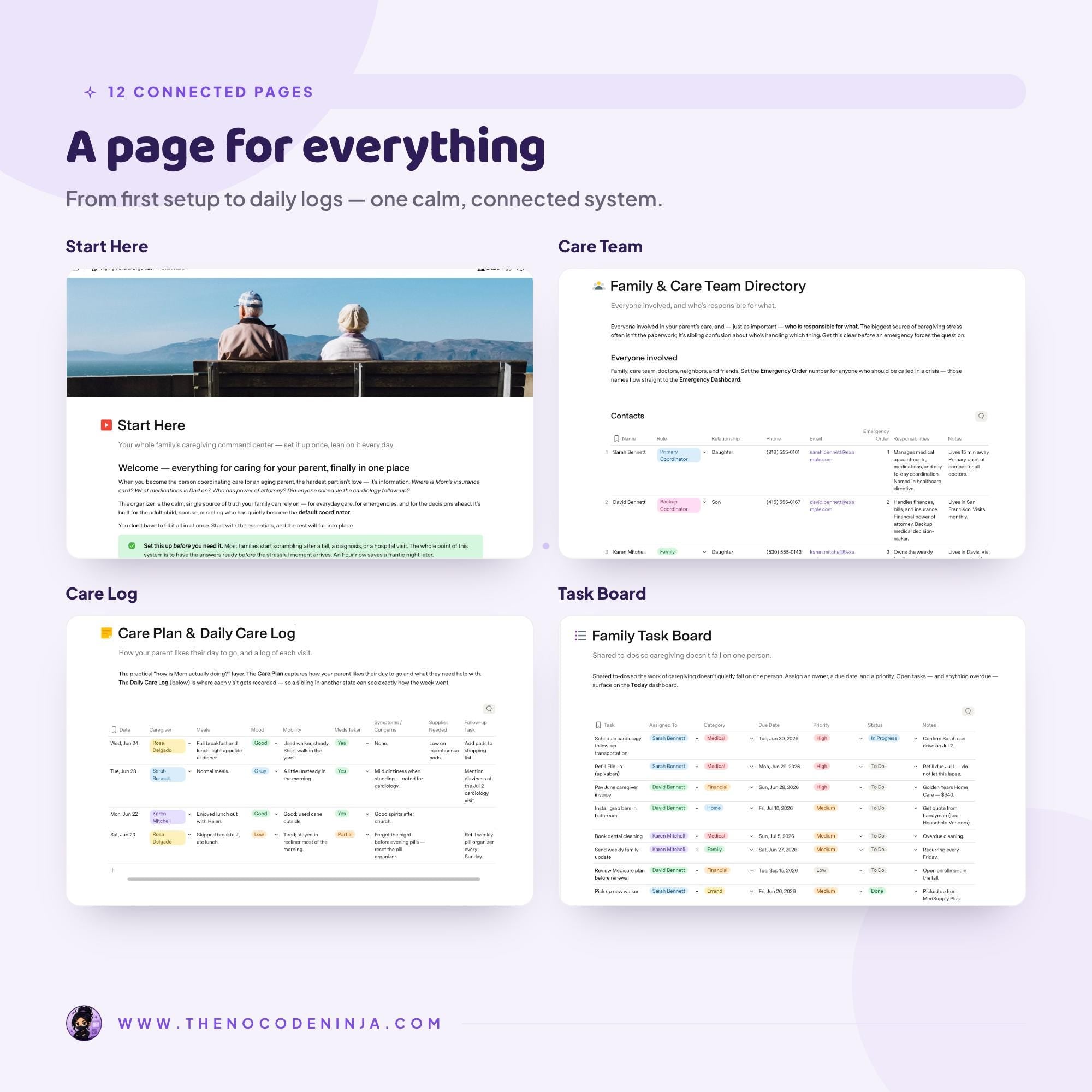 Aging Parent Organizer for Coda | Caregiver Planner, Medication and Appointment Tracker | Elderly Care and Emergency Binder