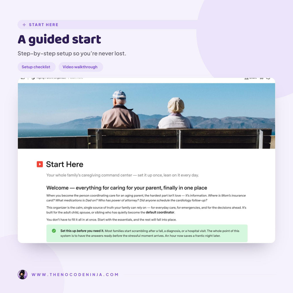 Aging Parent Organizer for Coda | Caregiver Planner, Medication and Appointment Tracker | Elderly Care and Emergency Binder