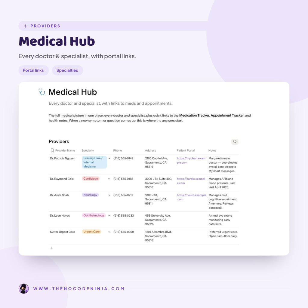 Aging Parent Organizer for Coda | Caregiver Planner, Medication and Appointment Tracker | Elderly Care and Emergency Binder